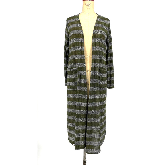 Lularoe Sarah Cardigan Duster Ribbed Sweater Olive Green Stripe M - Picture 1 of 9
